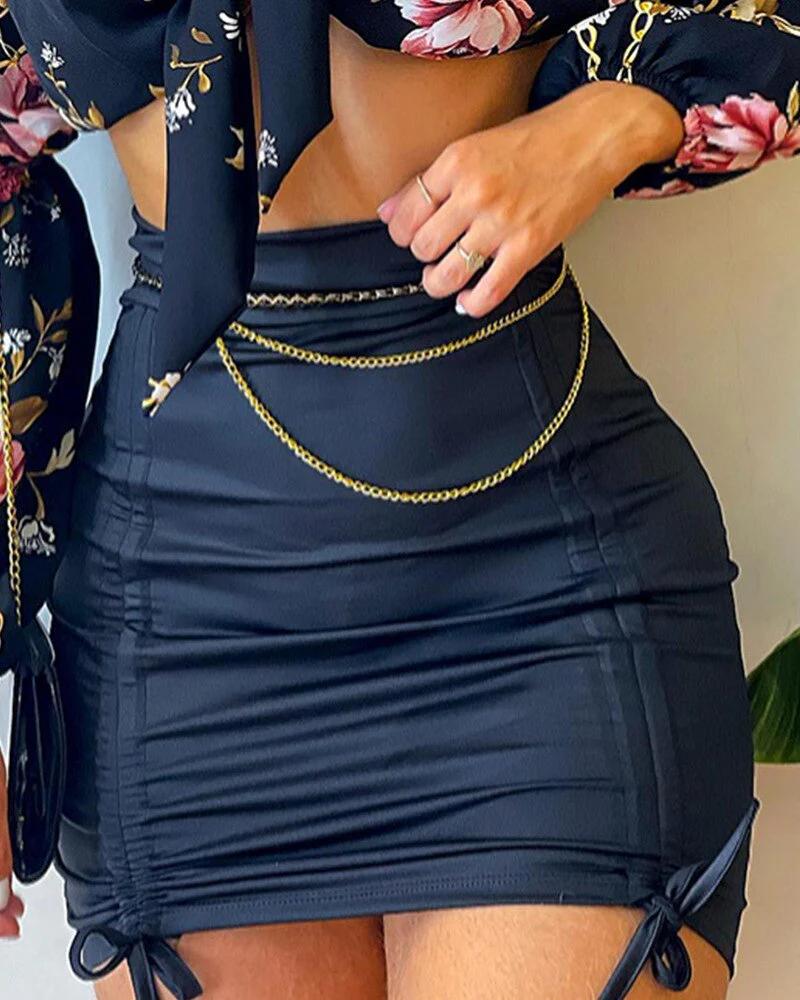 deanwangkt Flowers Print Slash Neck Long Sleeves Crop Top Skirts 2 Pcs Set Sexy Slim Summer Fashion Outfit Streetwear Dress Sets - Deanwangkt