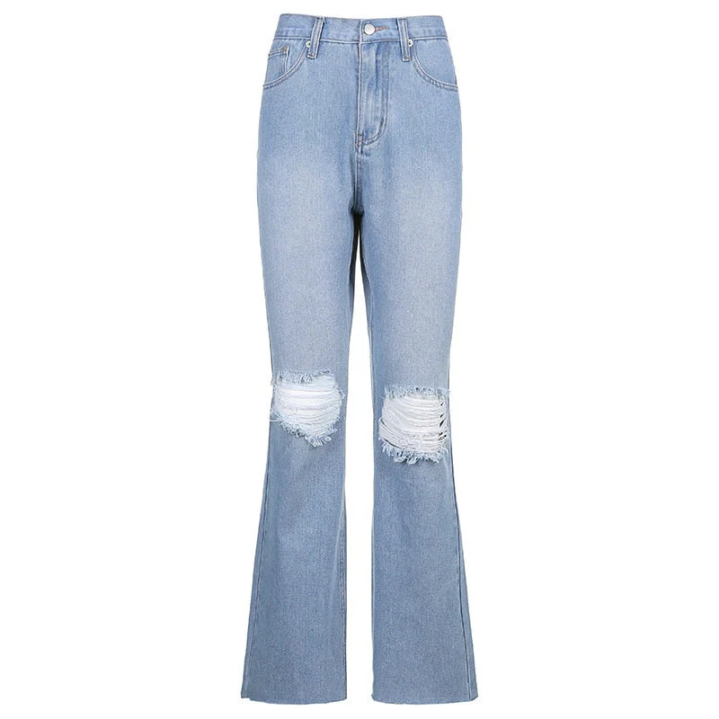 deanwangkt Blue Skinny Jeans Ripped Women Denim Trousers Streetwear Distressed Capris Bell Bottom Jeans High Waist Woman Y2k Flare Pants - Deanwangkt