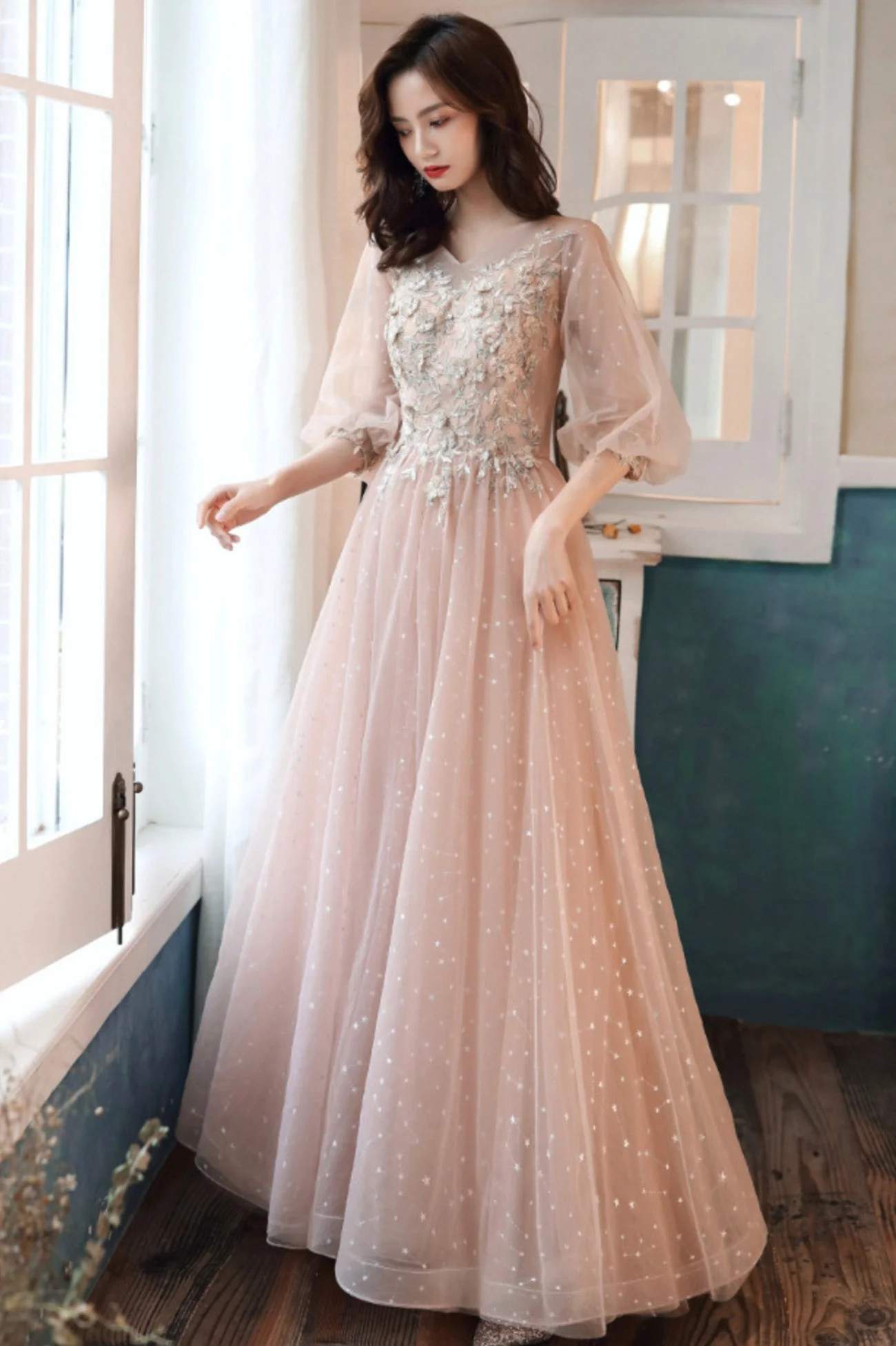 solvbao Pink Tulle Lace Long Prom Dresses, A-Line Long Sleeve Evening Dresses - Deanwangkt