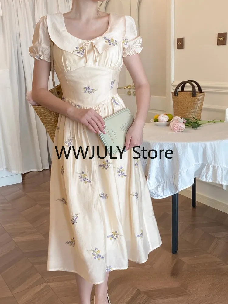 Joskka  Summer French Elegant Floral Midi Dress Women Short Sleeve Casual Vintage Dress Beach Chiffon Korean Fashion Dress Casual - Deanwangkt