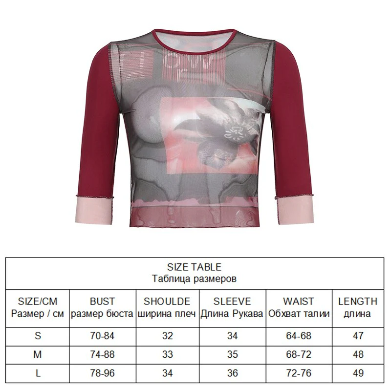 Wenkouban  Print Mesh Crop Top Summer Woman Half Sleeve Tie Dye Pink Tshirts Streetwear Sexy Round Neck Slim See Through Graphic Tees - Deanwangkt