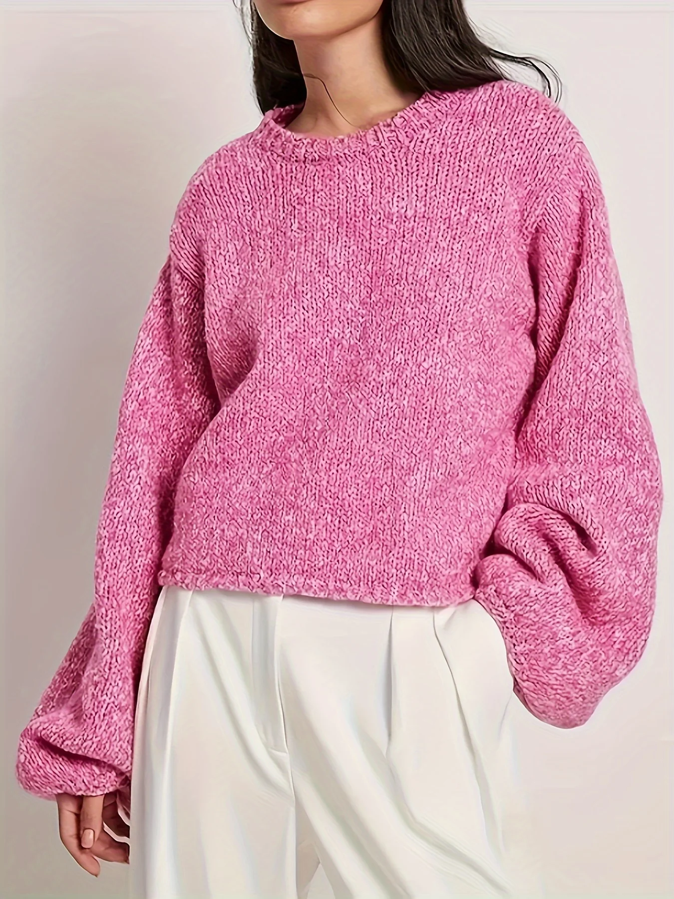 deanwangkt  Solid Color Crew Neck Pullover Sweater, Casual Tie Back Long Sleeve Knitted Sweater For Fall & Spring, Women's Clothing - Deanwangkt