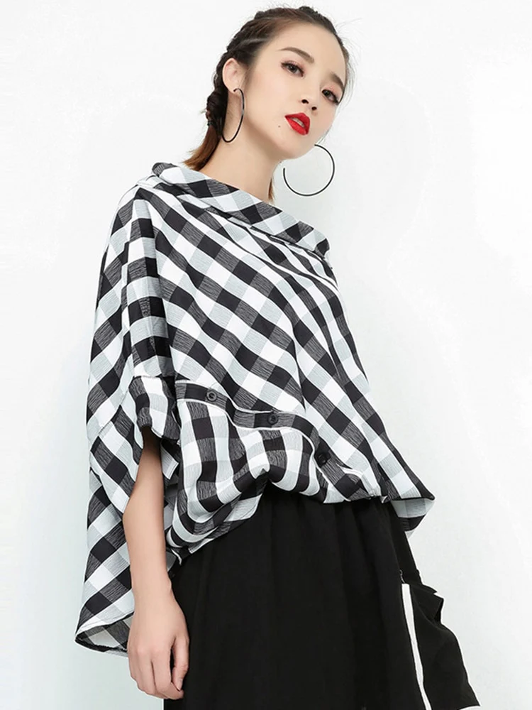deanwangkt Women Black Plaid Big Size Blouse New Slash Neck Threequarter Sleeve Loose Fit Shirt Fashion Spring Autumn  JF93801 - Deanwangkt