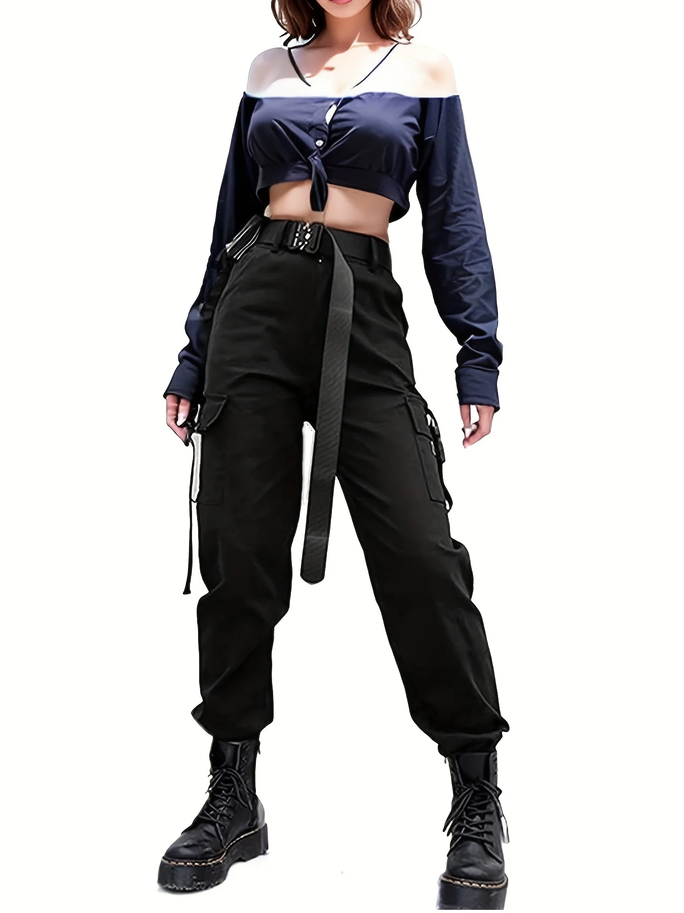 deanwangkt  Y2K Solid Cargo Pants, Street Wear High Waist Pants With Pockets, Women's Clothing - Deanwangkt
