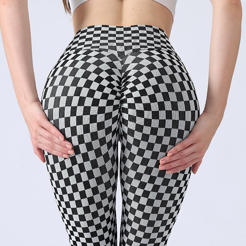 DEANWANGKT Yoga Pants Leggings Peach Hip Tight Lift Elastic Checkerboard Yoga Clothes Female High Waist GYM Running Sports Fitness XJ0210 - Deanwangkt