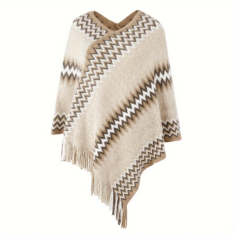 deanwangkt Boho Wave Stripes Knit Pullover Poncho Imitation Cashmere Thick Soft Warm Tassel Shawl Autumn Winter Travel Windproof Coldproof Cloak - Deanwangkt