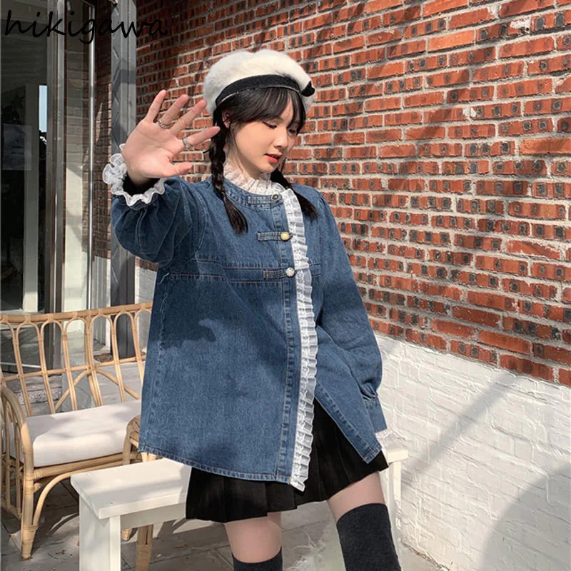 deanwangkt Denim Shirt Coat Women Sweet Lace Ruffles Loose Casual Blouses  Ropa Mujer Fashion Korean Blouses Tops Y2k Clothes - Deanwangkt
