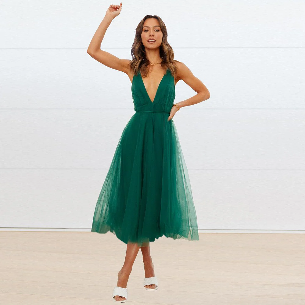 Joskaa Women's New Summer  Elegant V-neck Backless Solid Color Spaghetti Strap Mesh Evening Maxi Bridesmaid Wedding Guest Dress - Deanwangkt