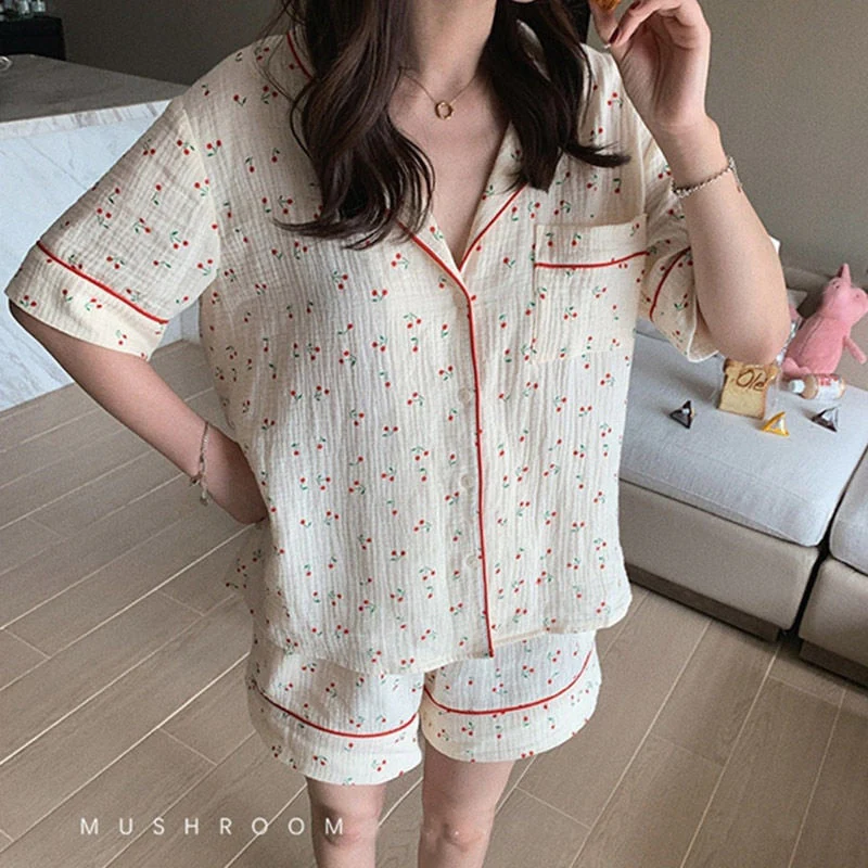 deanwangkt Cotton Suits with Shorts Girl Korean Women's Pajamas Kawaii Pyjama Cherry Print Pijama Short Sleeve Sleepwear Nightie Pjs - Deanwangkt