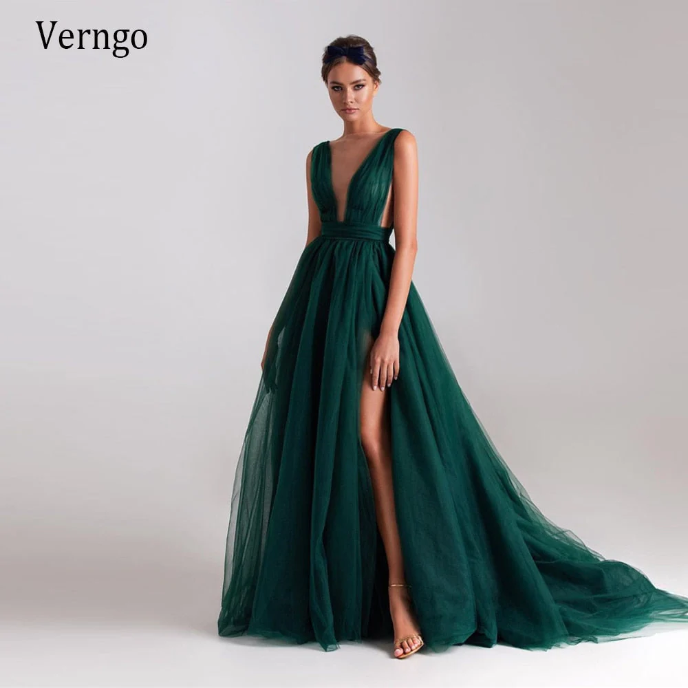 Verngo Modern Dark Green Tulle A Line Long Evening Dresses Sheer Neck High Side Slit Sexy Prom Gowns Women Special Occasion Wear - Deanwangkt