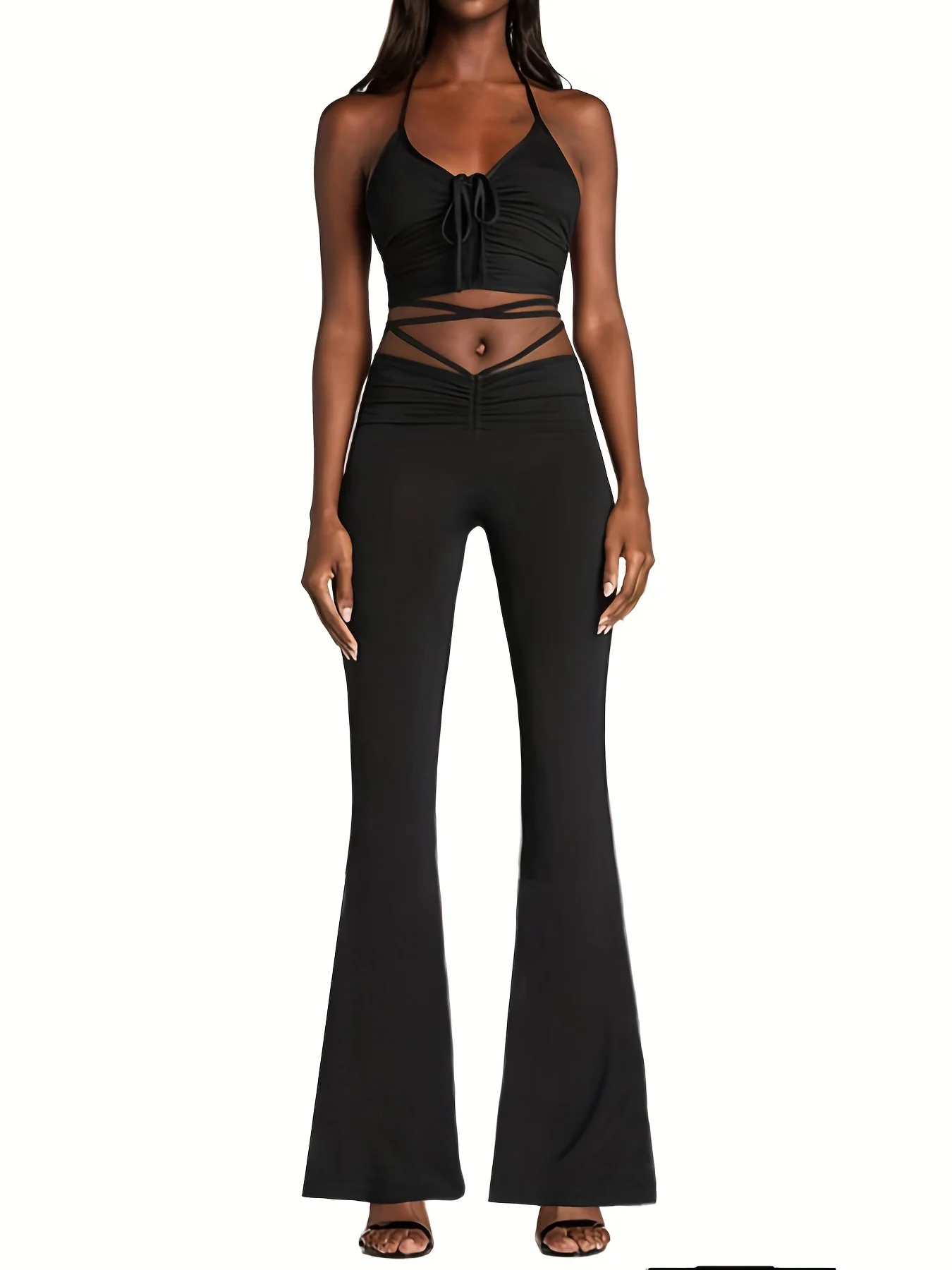 deanwangkt Solid Two-piece Set, Drawstring Ruched Halter Neck Crop Top & Slim Pants Outfits, Women's Clothing - Deanwangkt