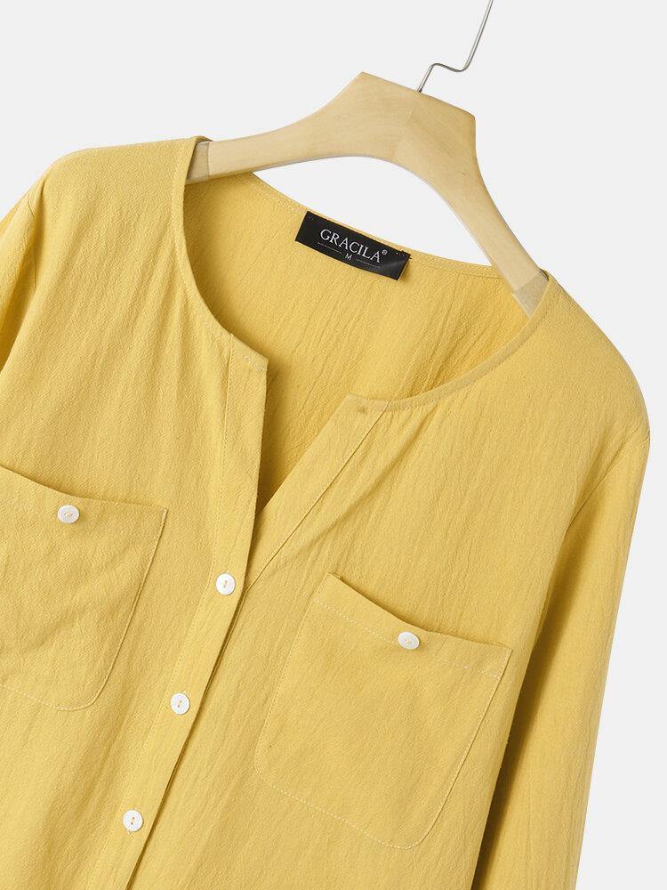 deanwangkt Women Mustard Yellow V-neck Front Pocket Design Long Sleeve Casual Shirts - Deanwangkt