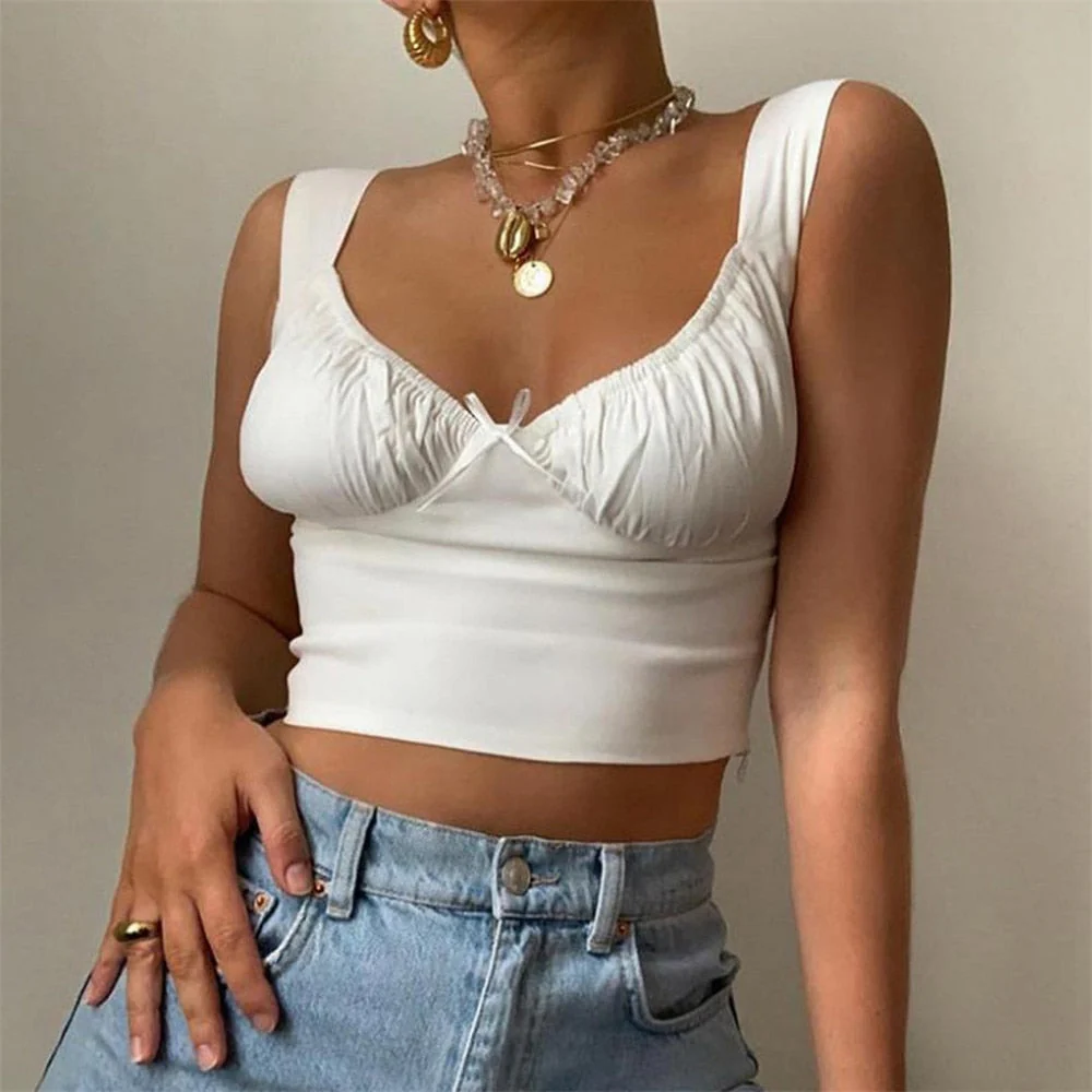 deanwangkt Women Summer Crop Tops Lady Girls Summer White Ruched Tanks Bow Slim Camis Ladies Wide Strap Tees Skinny Femme Camisole S M L - Deanwangkt