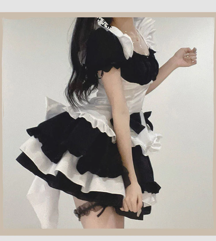 deanwangkt Lolita Dress Black White Kawaii Maid Mini Dresses Summer French Cute Bowknot Cosplay Costume Waitress Party Outfits - Deanwangkt