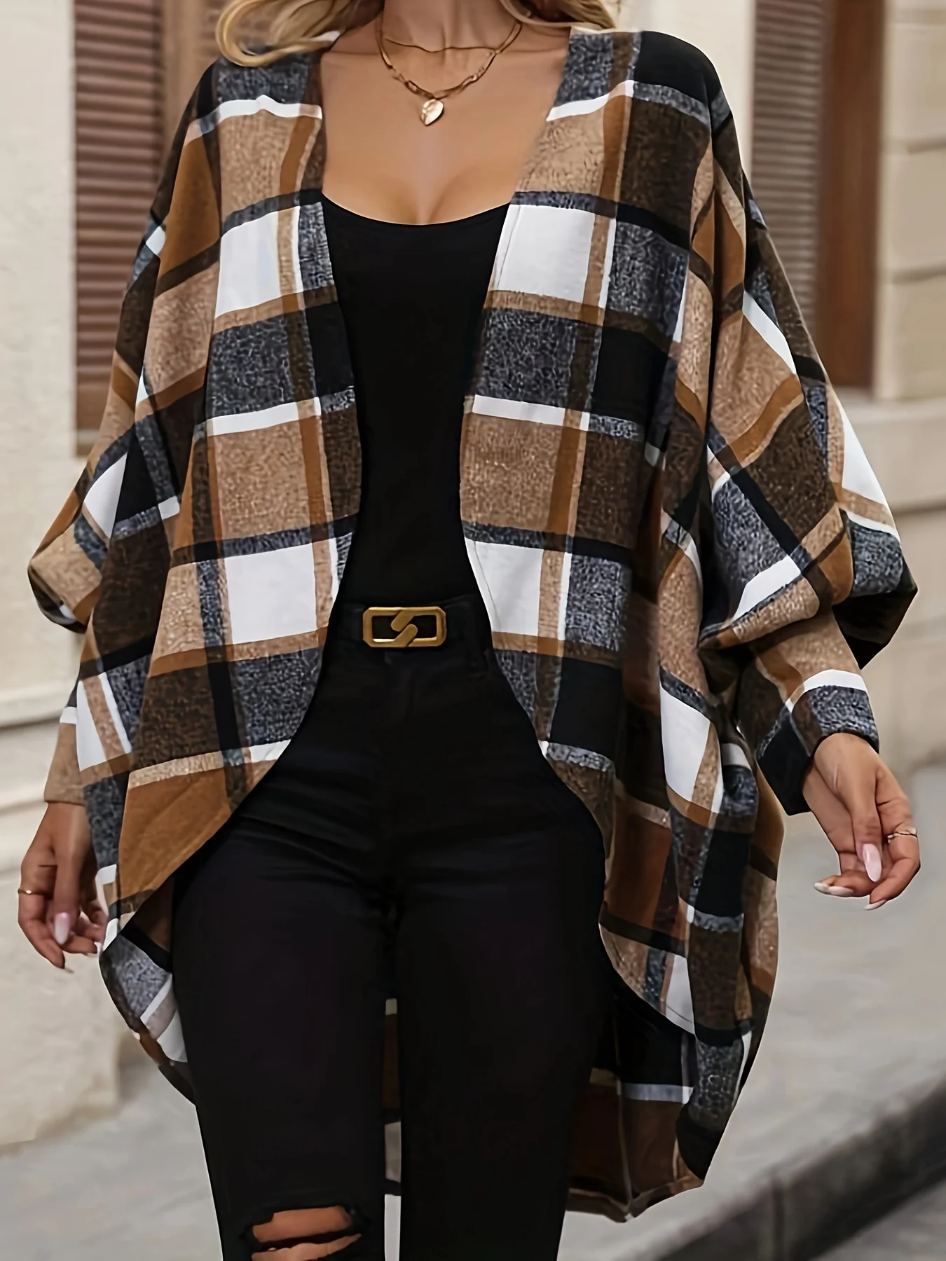 Plaid Print Open Front Cardigan, Batwing Cuff Sleeve Dipped Hem Cardigan For Spring & Fall, Women's Clothing - Deanwangkt