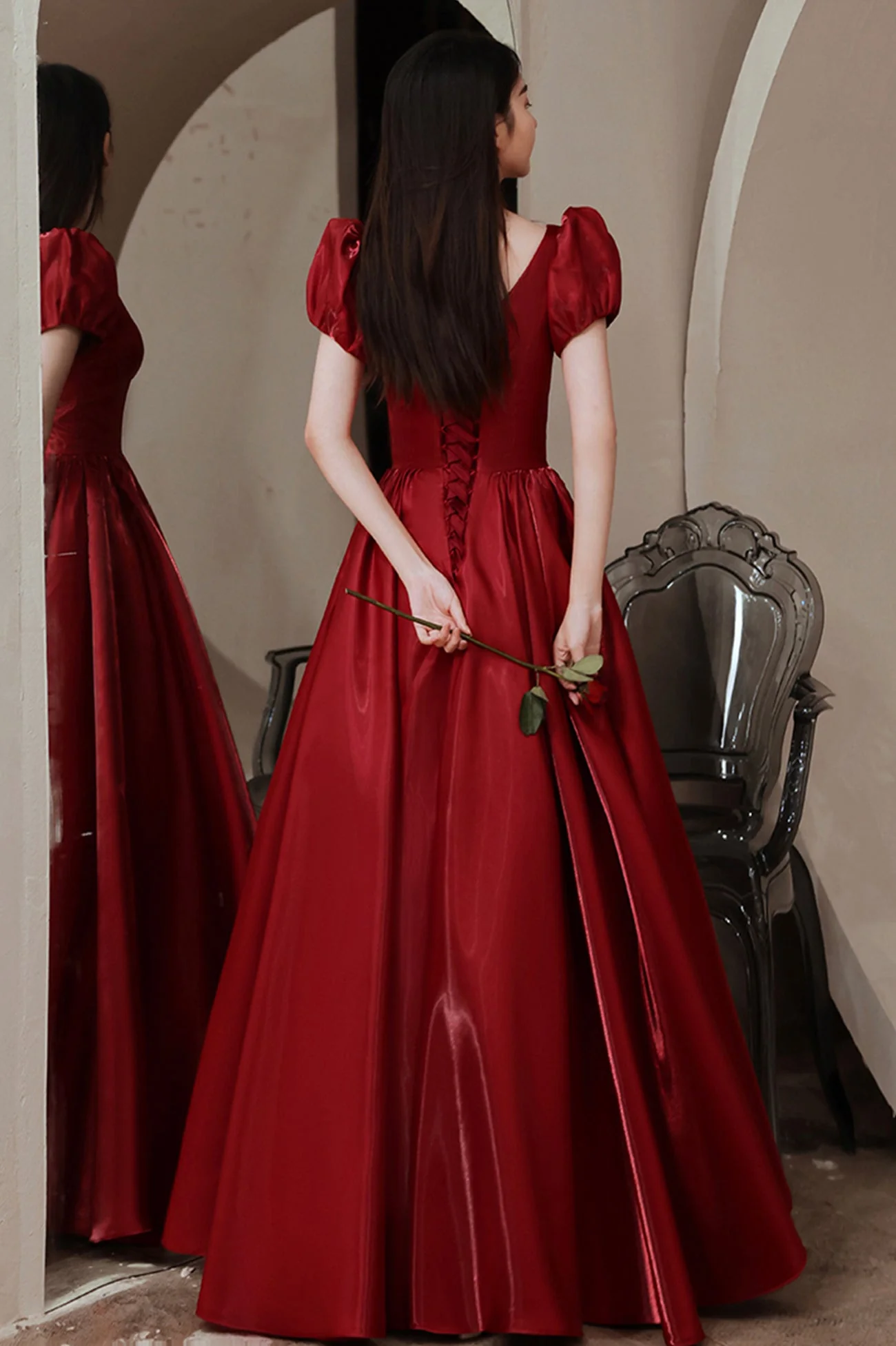 solvbao Red V-Neck Satin Long Prom Dress, A-Line Evening Dress - Deanwangkt