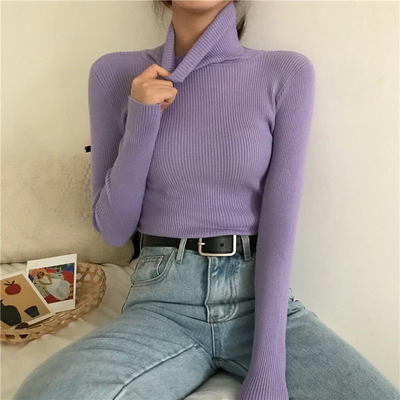 deanwangkt Turtleneck Pullovers Sweaters Women  Autumn Winter Primer Shirt Long Sleeve Short Slim-fit tight Jumper Tops Solid - Deanwangkt