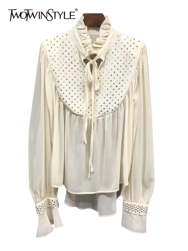 deanwangkt Patchwork Diamond Shirt For Women Stand Collar Long Sleeve Straight Button Through Blouse Female Fashion Clothing - Deanwangkt