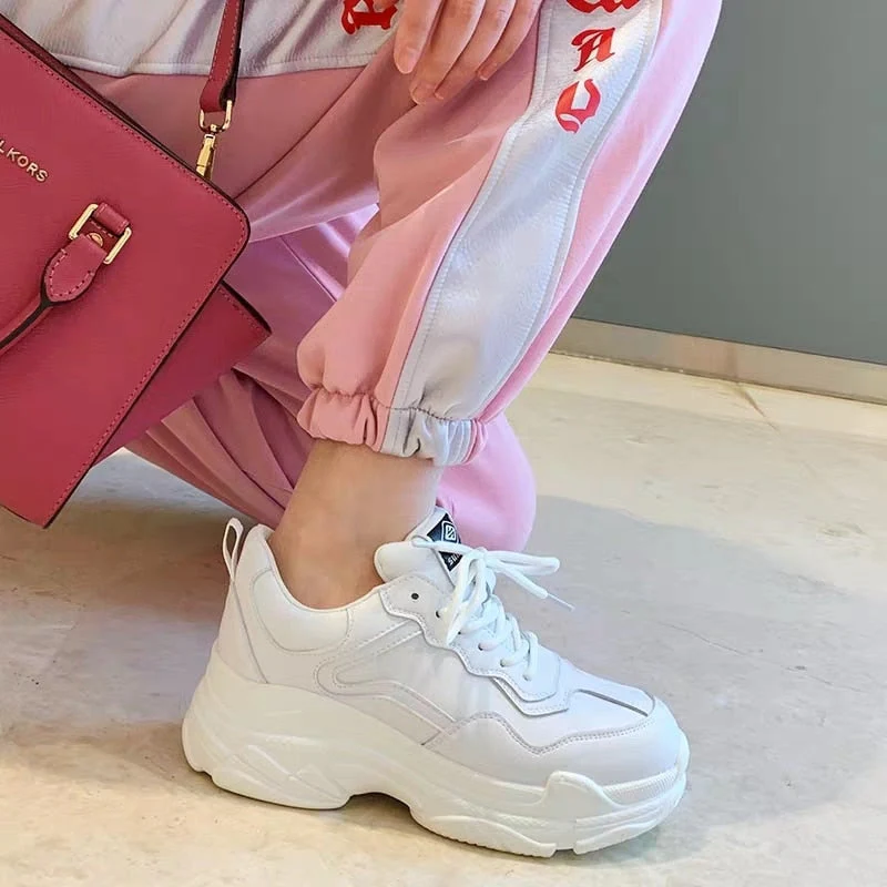 deanwangkt White Women Shoes New Chunky Sneakers For Women Lace-Up White Vulcanize Shoes Casual Fashion Dad Shoes Platform Sneakers Basket - Deanwangkt
