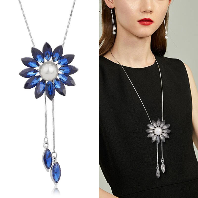 DEANWANGKT Sunflower Crystal Pendant Necklace Women Fashion Blue White Rhinestone Long Chain Necklaces & Pendants Jewelry - Deanwangkt