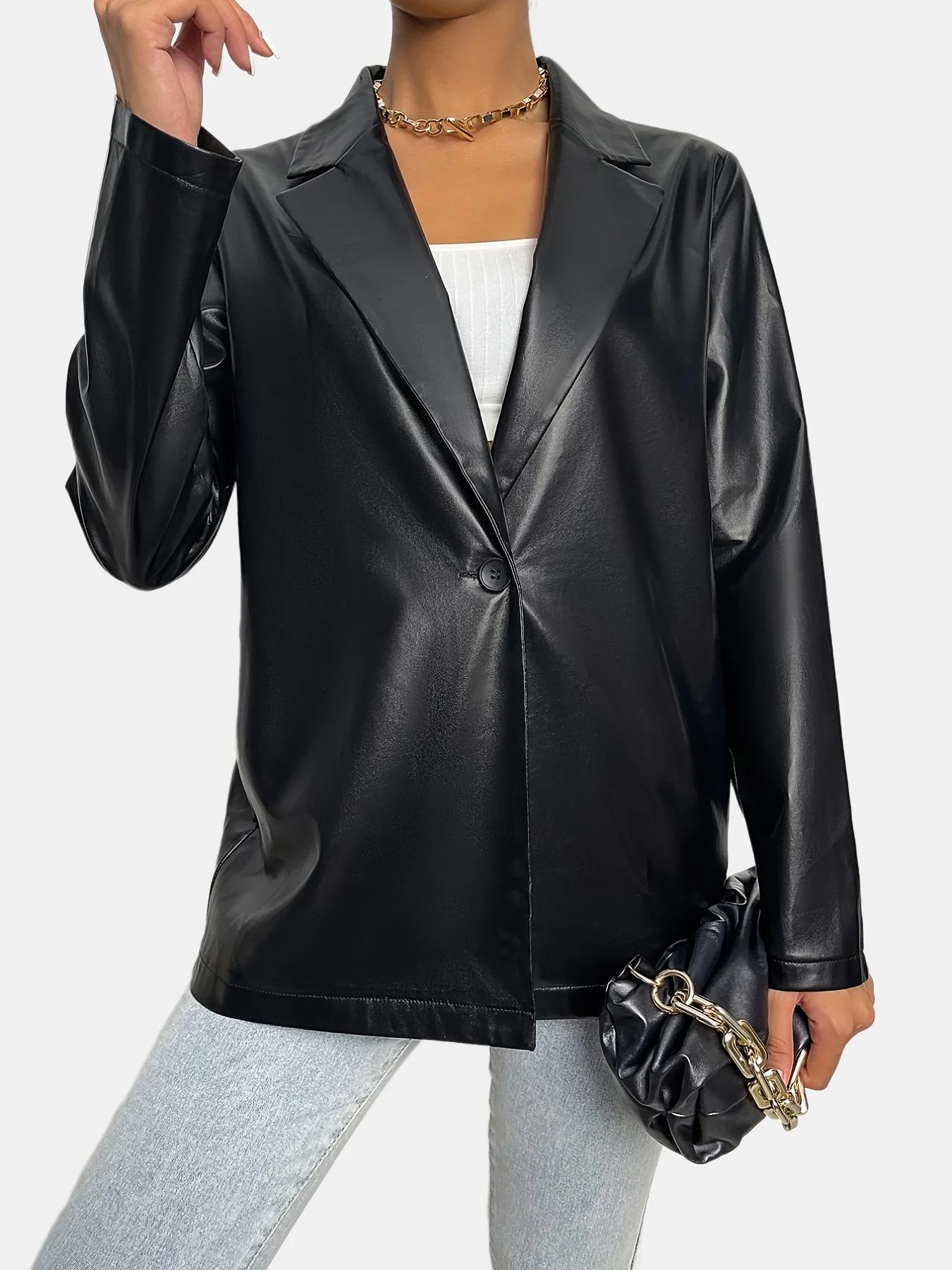 deanwangkt-1  Solid Lapel Faux Leather Long Sleeve Jacket, Elegant Open Front Stylish Outerwear, Women's Clothing - Deanwangkt