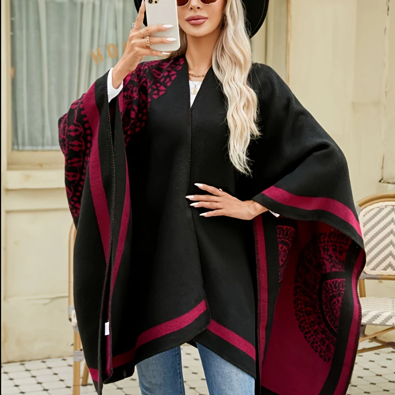 deanwangkt Slit Warm Large Shawl Casual Windproof Shawl Sunscreen Wrap Fashion Print Shawl Cape For Women - Deanwangkt
