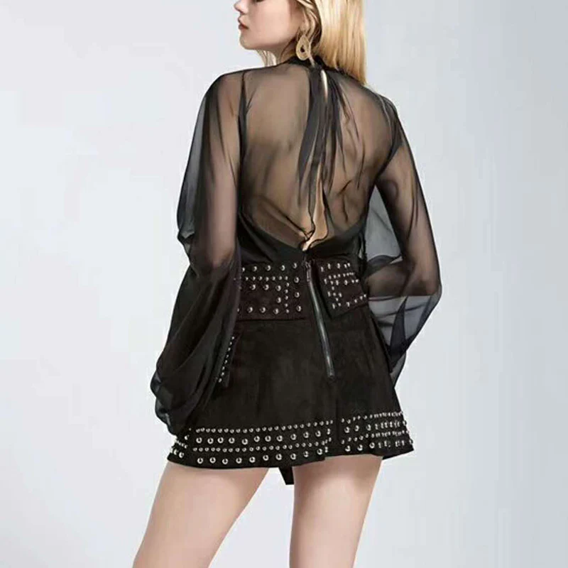 deanwangkt Bowknot Chiffon Blouse Shirt Women Lantern Sleeve Tulle Transparent Sexy Tops Large Size  Spring Summer Casual - Deanwangkt