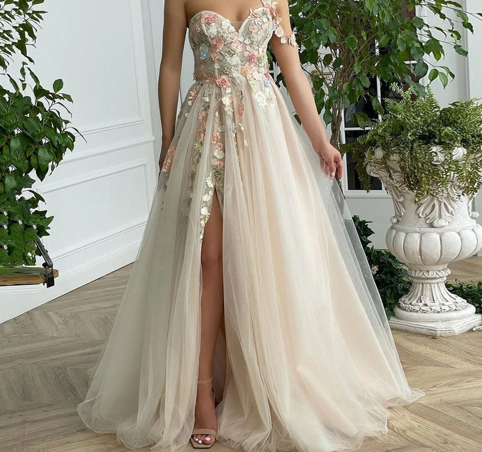 DEANWANGKT Champagne Sweetheart Tulle Prom Dresses Sleeveless Handmade Flowers High Slit A-Line Prom Gowns Wedding Party Dresses - Deanwangkt