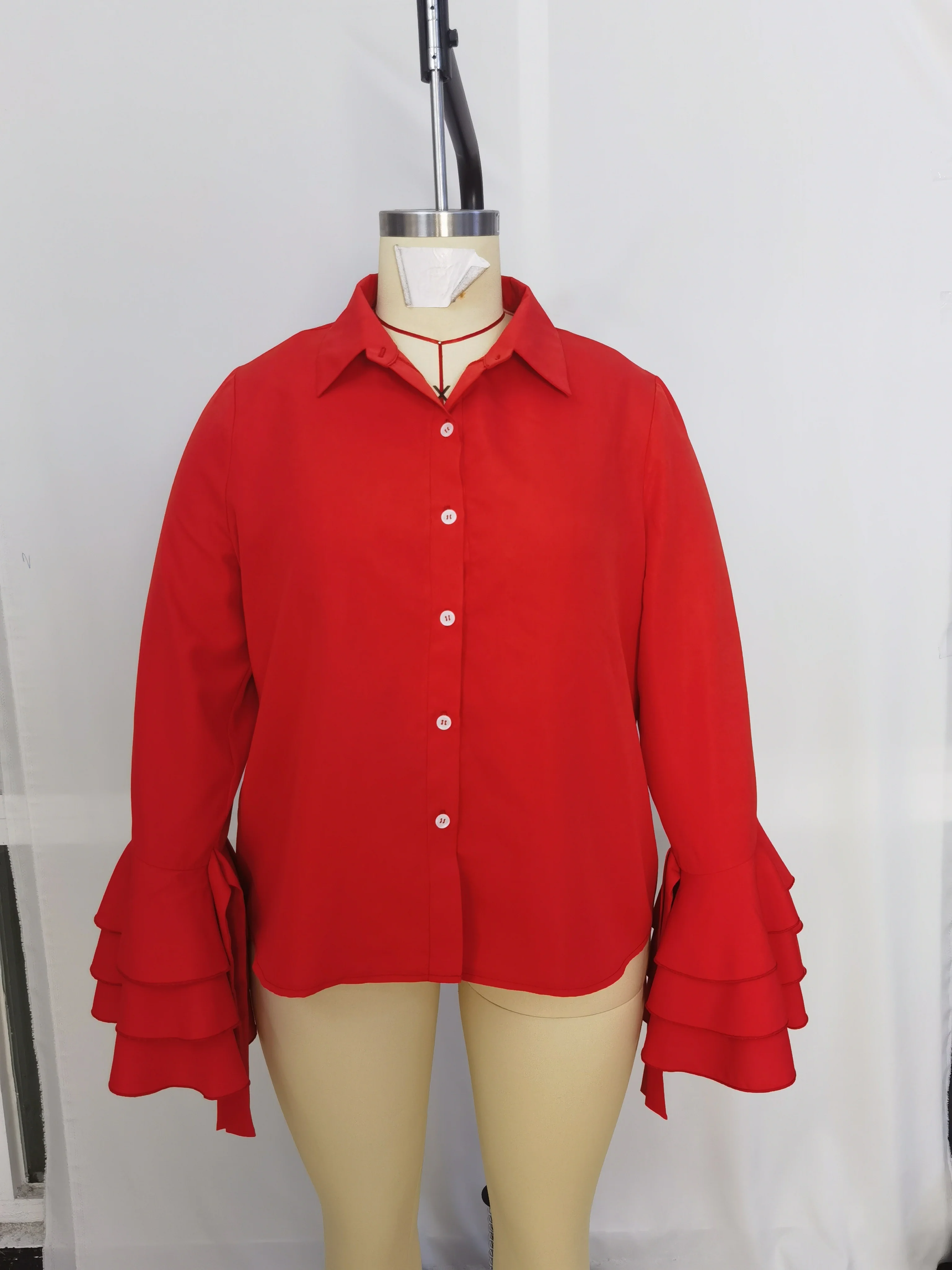 Plus Size Elegant Blouse, Women's Plus Solid Button Up Layered Sleeve Turn Down Collar Blouse - Deanwangkt