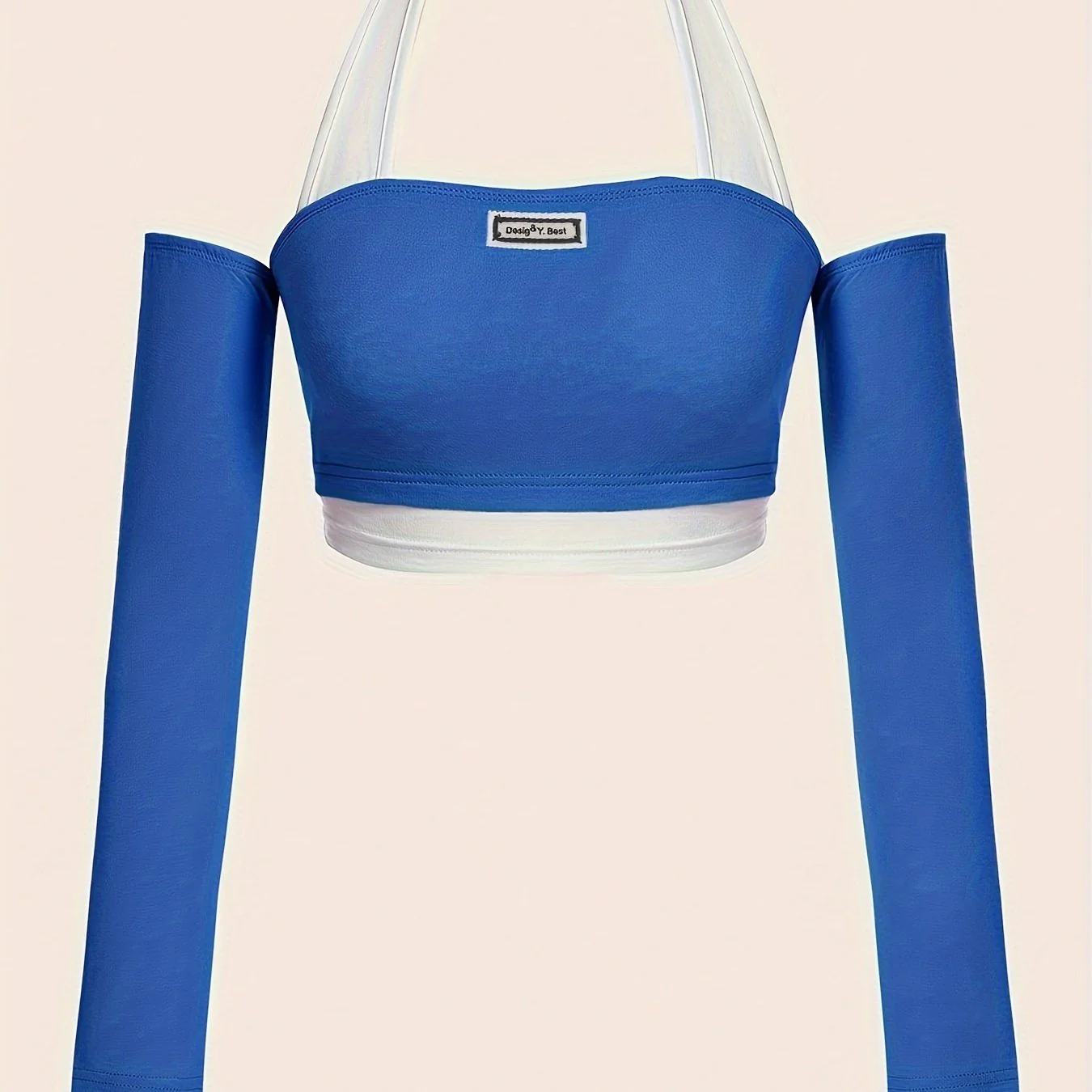 deanwangkt  Color Block Halter Neck T-Shirt, Casual Backless Long Sleeve Crop Top, Women's Clothing - Deanwangkt