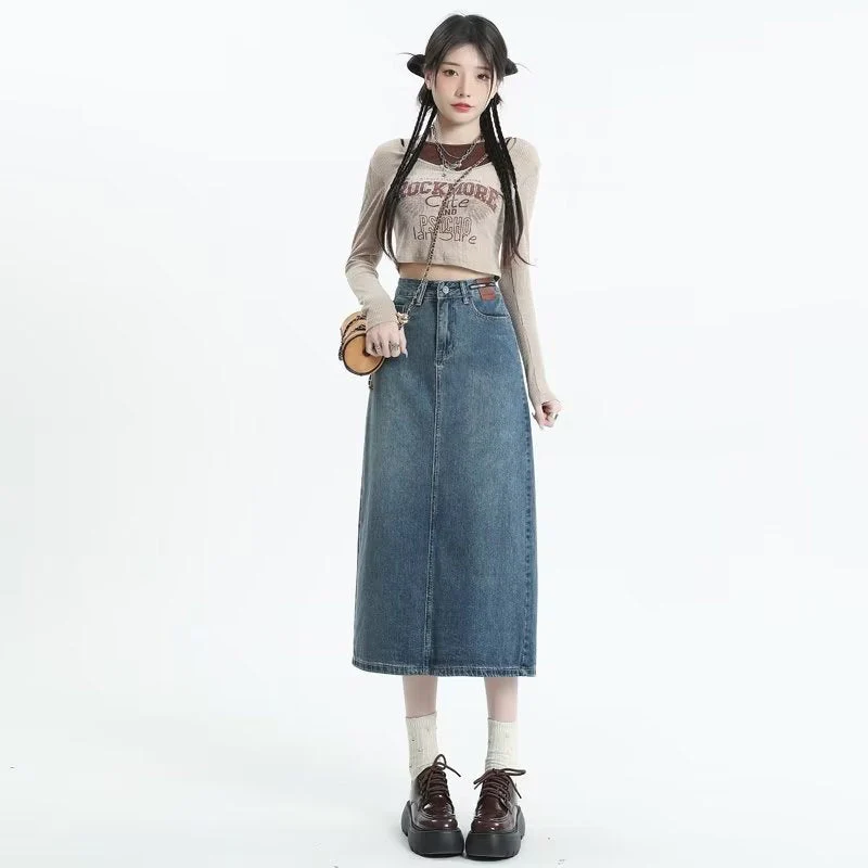deanwangkt Retro Denim Skirt For Women Spring And Autumn New Summer Mid Length Slim A-line Split Long Skirt Skirt - Deanwangkt