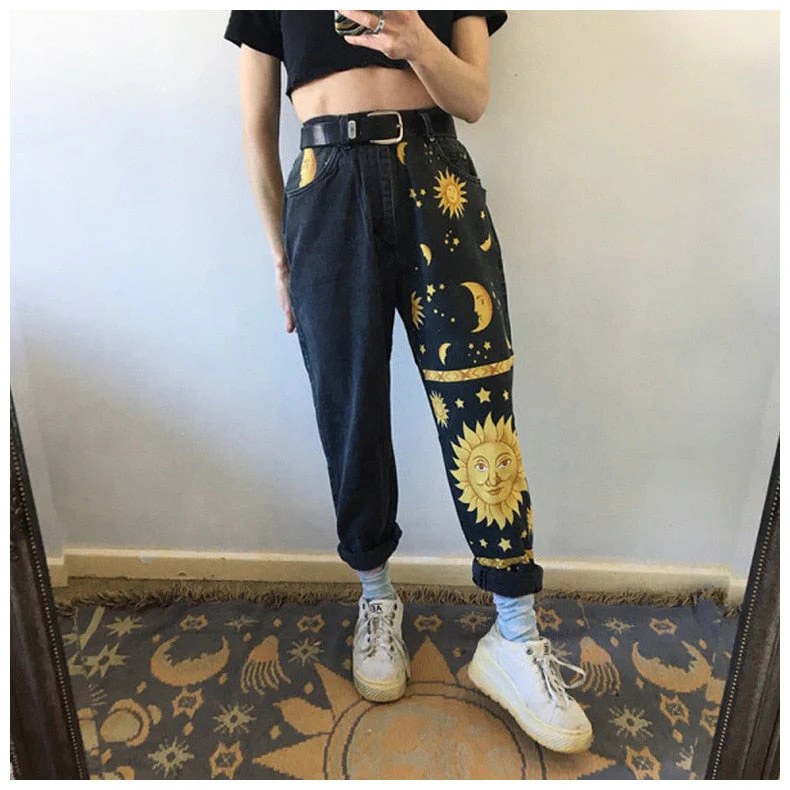 deanwangkt Digital Moon Star Printed Straight Pants Trendy Pants Jeans Fashion Printed Ladies High Waist Young Girls Chic Denim Pants - Deanwangkt
