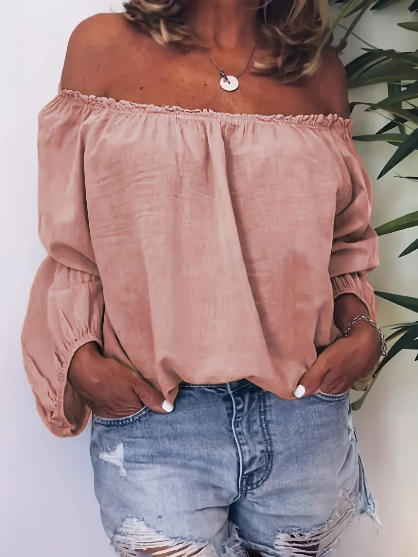 Solid Ruffle Trim Blouse, Casual Loose Long Sleeve Blouse For Spring & Fall, Women's Clothing - Deanwangkt