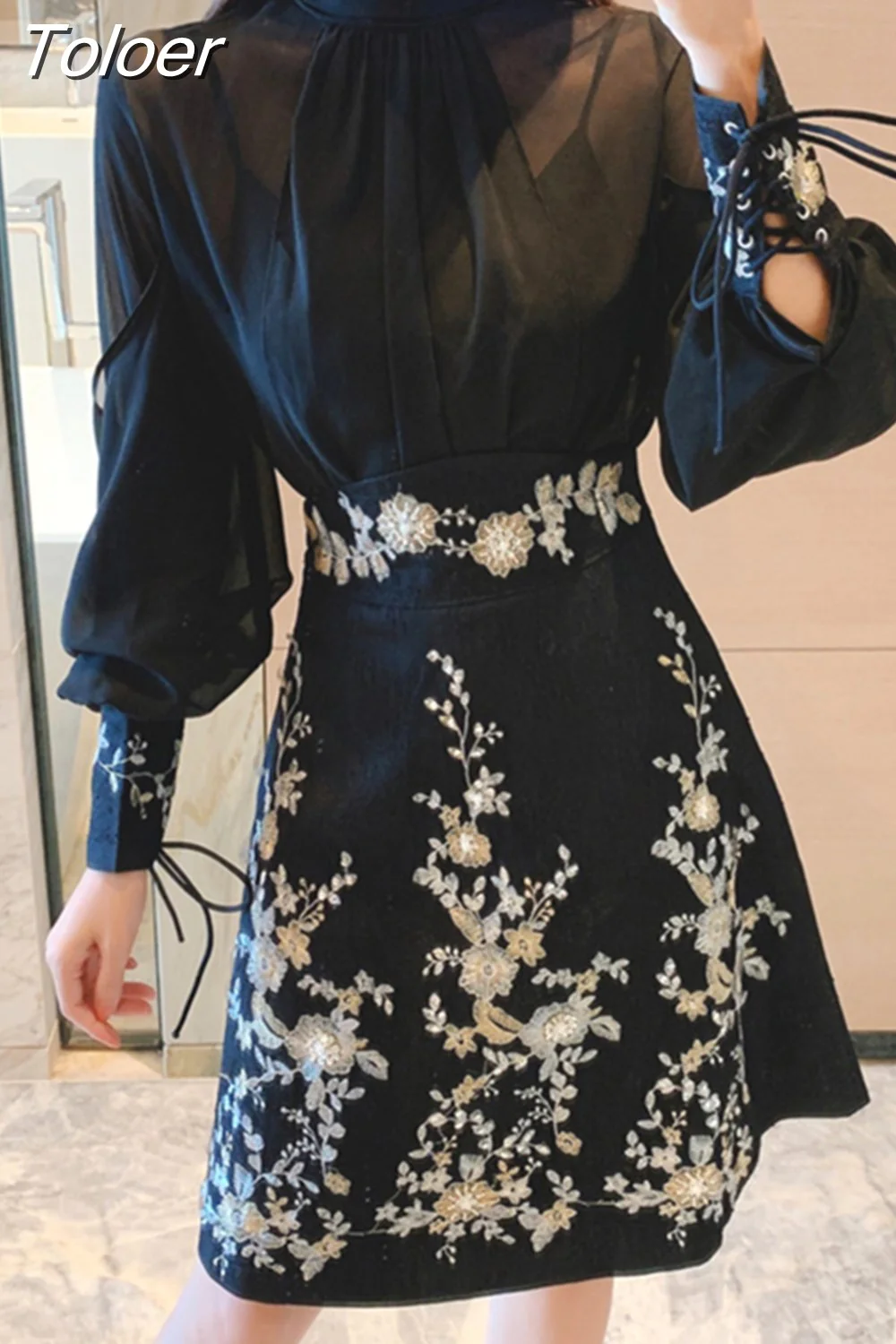 deanwangkt Autumn Skirt Suits Women's Sets Fashion Lantern Sleeve Bows Chiffon Blouses Tops + Vintage Beaded Flower Appliques Skirts - Deanwangkt