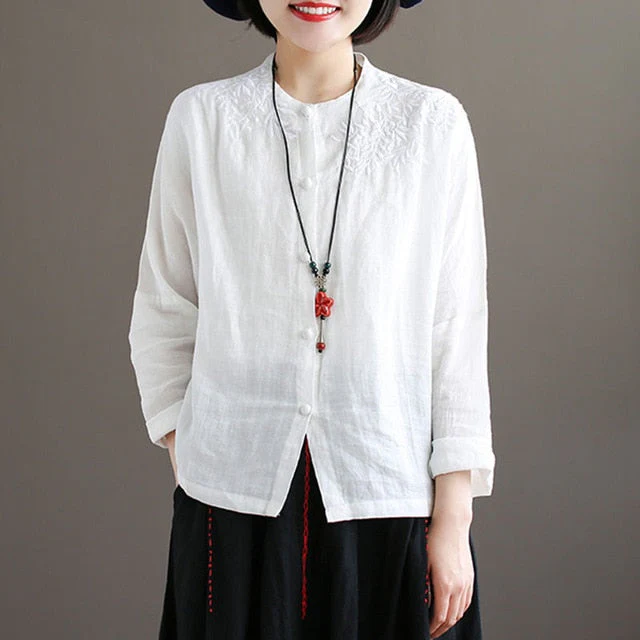 deanwangkt Shirts Women Long sleeve Linen Button Up Shirt Cotton Embroidery Vintage 4XL Plus Size Ladies Tops Blouse O neck Casual White - Deanwangkt