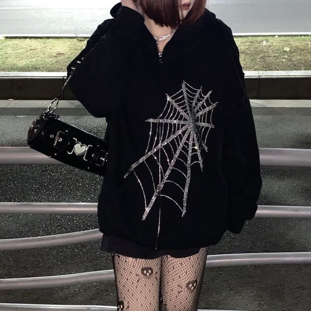 deanwangkt Rhinestone Skeleton Zip Up Oversized Sweatshirts  Summer Goth Hoodies Women Grunge Hooded Jacket Streetwear Retro Clothe - Deanwangkt