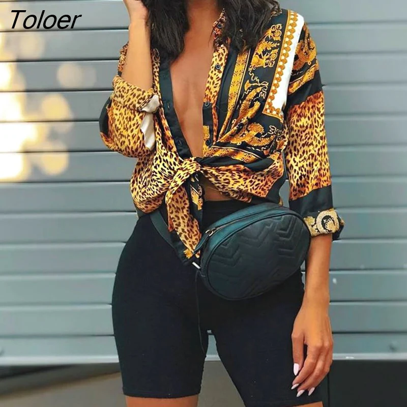 deanwangkt Spring Women Elegant Party Loose Button Shirt Turn-down Collar Female Leopard Print Knot Front Long Sleeve Blouse - Deanwangkt