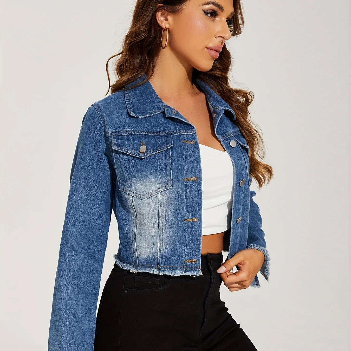 deanwangkt-1  Blue Frayed Trim Denim Jackets, Long Sleeves Single-Breasted Button Lapel Denim Coats, Women's Denim Clothing - Deanwangkt
