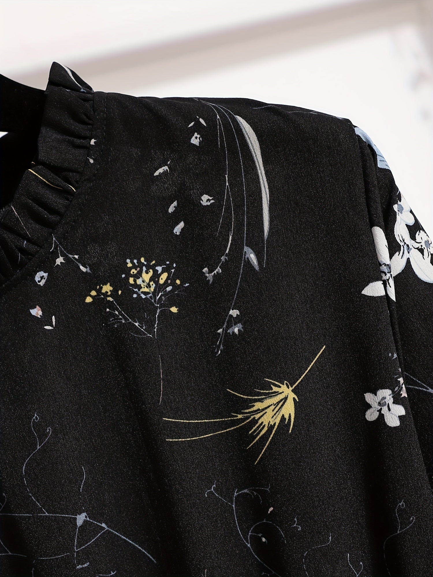 deanwangkt-1  Floral Print Ruffle Trim Dress, Elegant Stand Collar Long Sleeve Maxi Dress, Women's Clothing - Deanwangkt