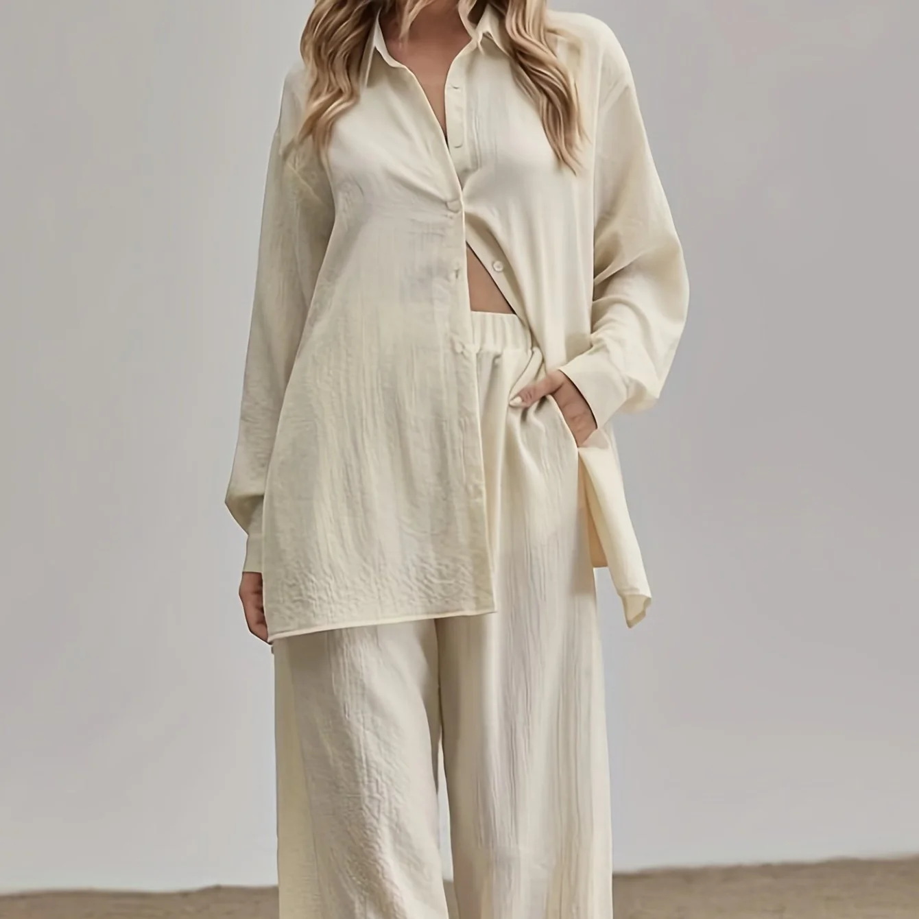 deanwangkt-1  Solid Casual Two-piece Set, Button Front Long Sleeve Shirt & Elastic Waist Pants Outfits, Women's Clothing - Deanwangkt