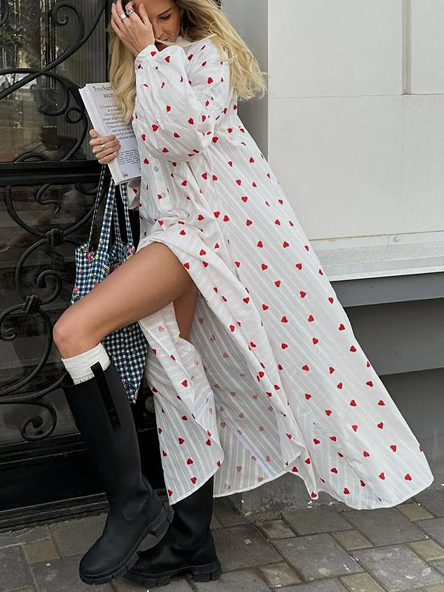 Joskka Casual Love Printing Stitching Dress Casual Street Dress Drape Button Ladies Elegant Loose Dress  New Fall Dress - Deanwangkt