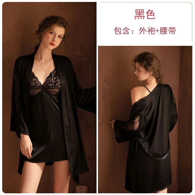 deanwangkt 3 Piece Lingerie Set with Robe Satin Pajamas Dress Cardigan Long Sleeve Top Sexy Sleepwear Bath Female Adult Nightwear Nightgown - Deanwangkt