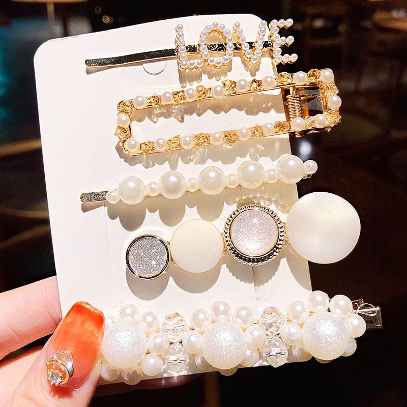 3/4/5pcs/Set Women Girls Elegant Full Pearls Geometric Hair Clips Sweet Hair Ornament Hairpin Barrette Headband Hair Accessories - Deanwangkt