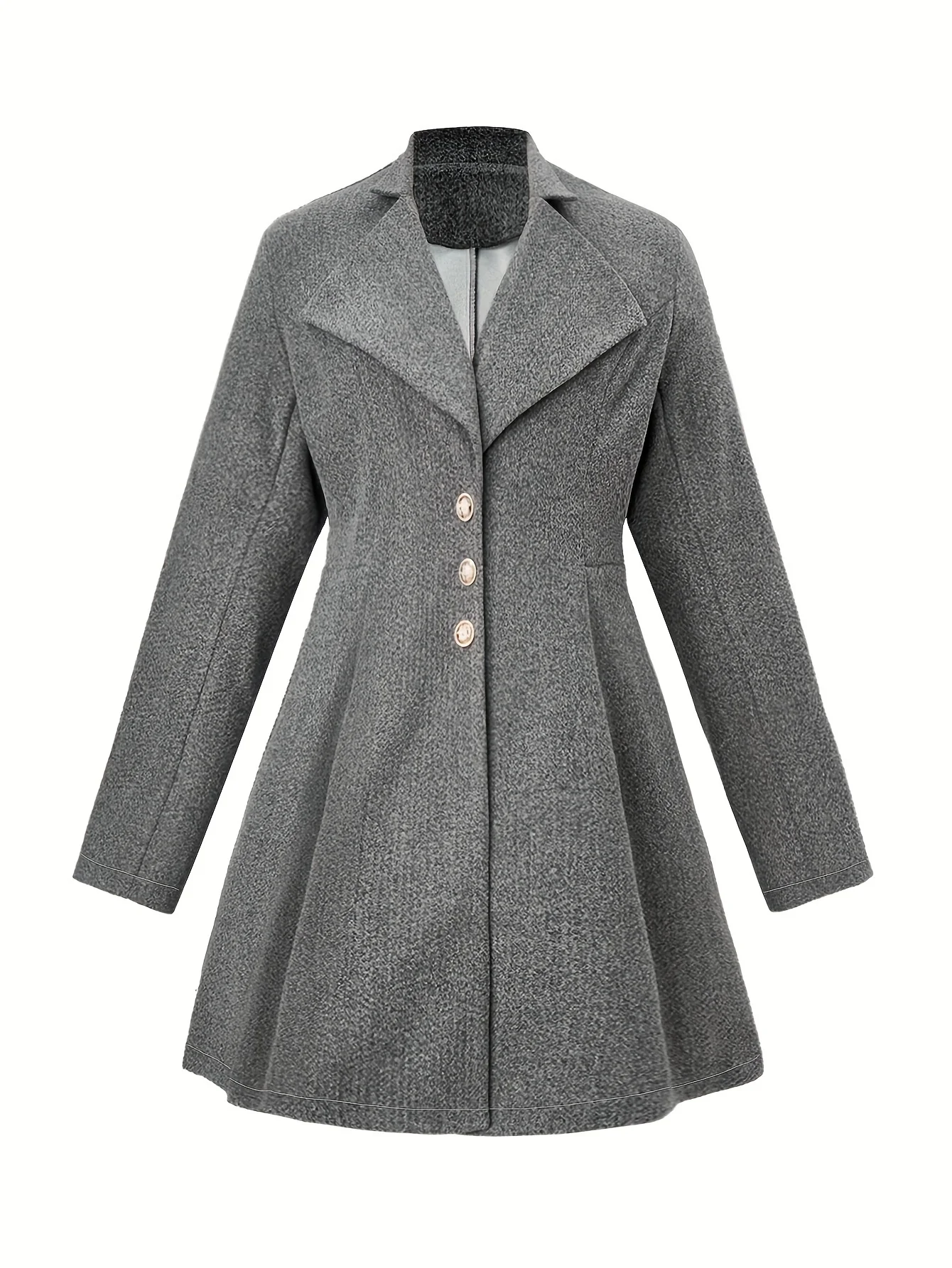 deanwangkt Plus Size Casual Coat, Women's Plus Solid Long Sleeve Button Up Lapel Collar Nipped Waist Tunic Woolen Coat - Deanwangkt