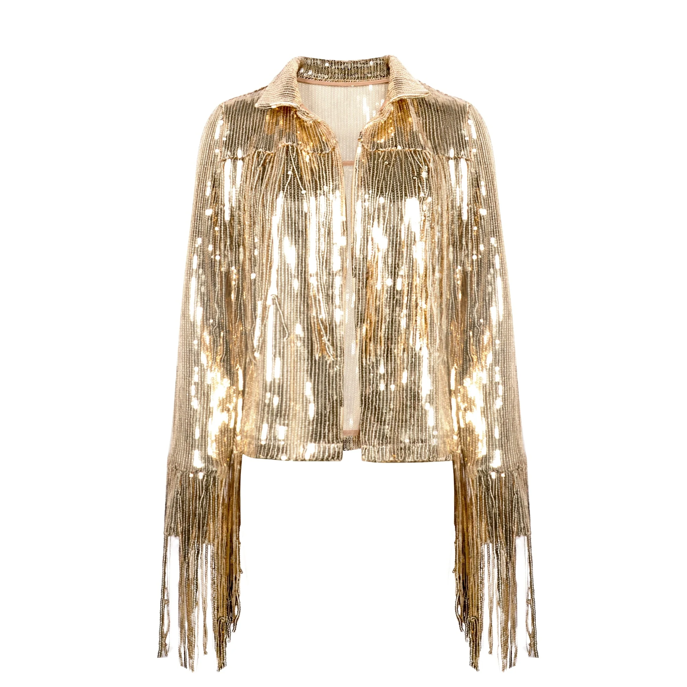 deanwangkt Performance Silver Tassel Sequin Jacket Retro Long-sleeved Silver Reflective Jacket Women Outwear Tops Sequin Coat Women's - Deanwangkt