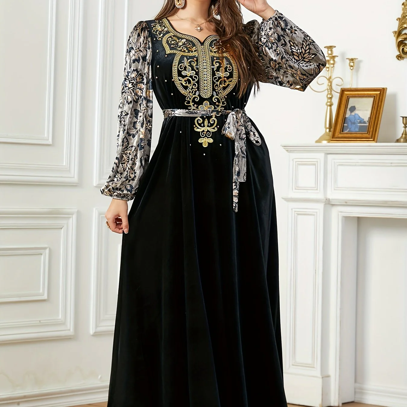 Floral Pattern Maxi Kaftan Dress, Elegant V Neck Lantern Sleeve Dress, Women's Clothing - Deanwangkt