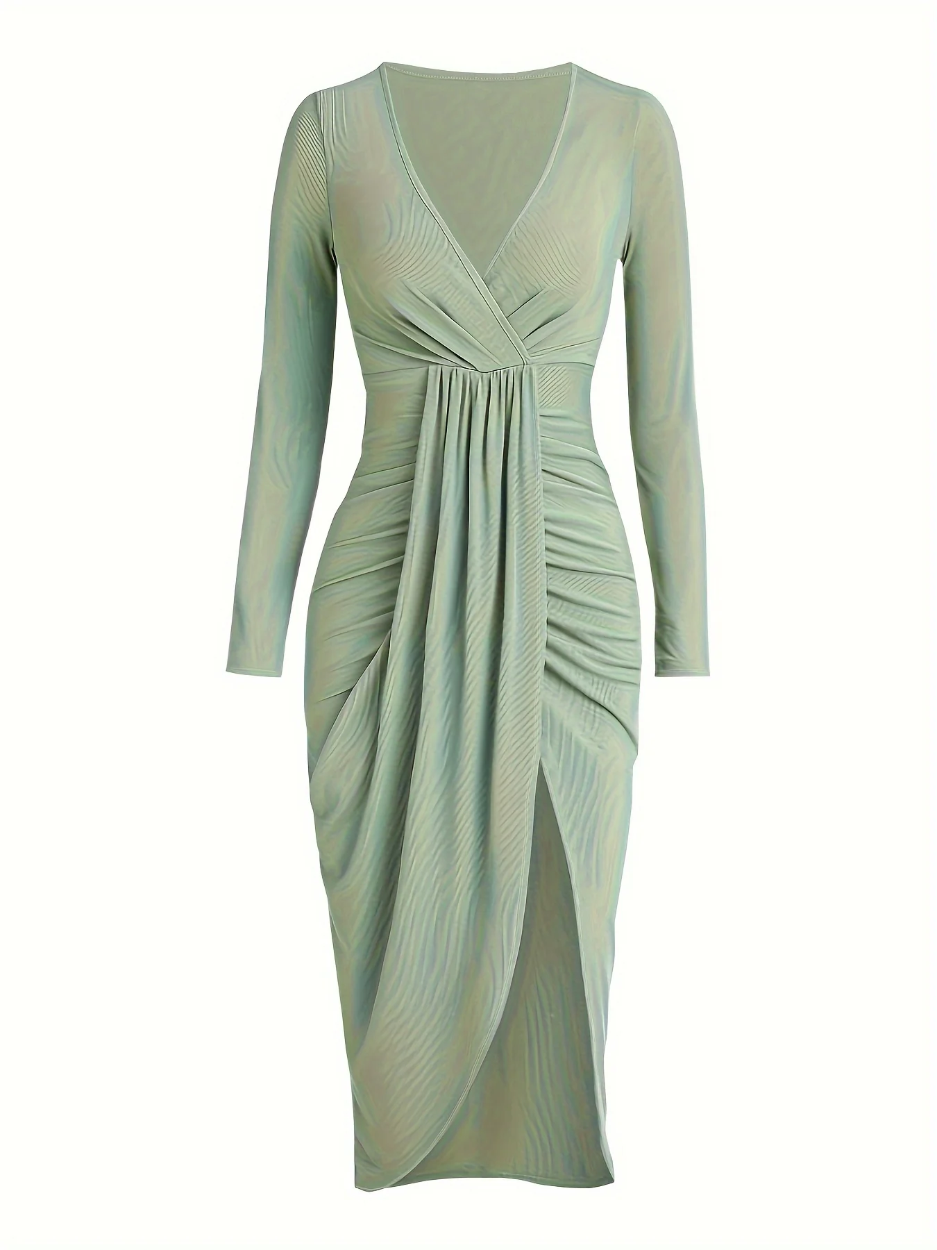 Solid Surplice Neck Dress, Elegant Long Sleeve Ruched Split Dress, Women's Clothing - Deanwangkt