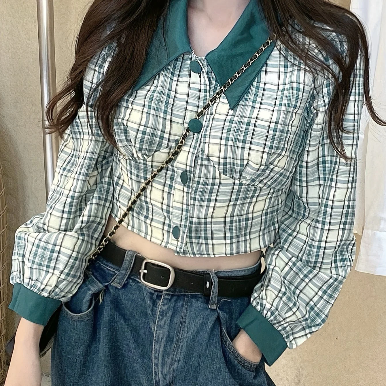 deanwangkt Plaid Print Single Breasted Crop Shirt, Vintage Long Sleeve Shirt For Spring & Fall, Women's Clothing - Deanwangkt