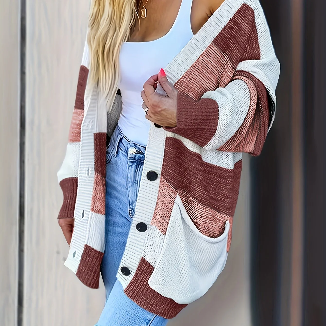 Striped Button Up Pocket Cardigan, Casual Long Sleeve Loose Sweater, Women's Clothing - Deanwangkt