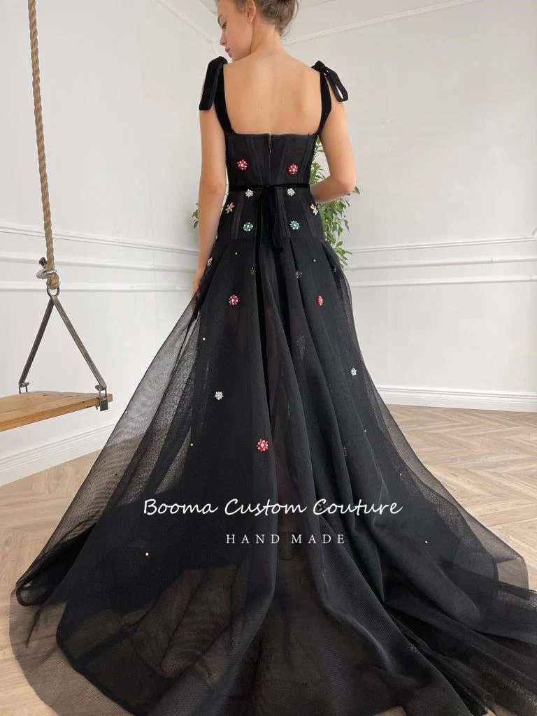Graduation Gifts Black Mesh Net Tulle A-Line Prom Dresses Spaghetti Straps Crystals Velvet Sashes Long Evening Gowns Formal Party Gowns - Deanwangkt